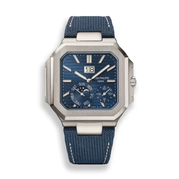 Patek Philippe Cubitus 5822p-001 replica watch with moon phase display, showcased on a clean white background.