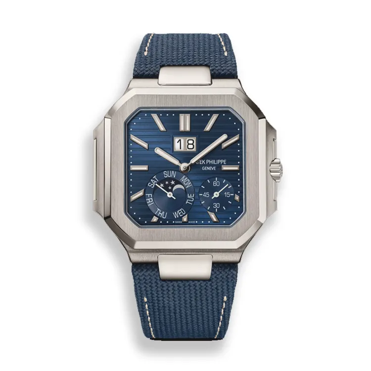 Patek Philippe Cubitus 5822p-001 replica watch with moon phase display, showcased on a clean white background.