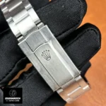 Closed view of the stainless-steel clasp on the Oyster bracelet, illustrating solid construction and finish.