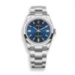 Rolex Oyster Perpetual 36 (126000-0003) replica with radiant blue sunburst dial, isolated on a clean white background.