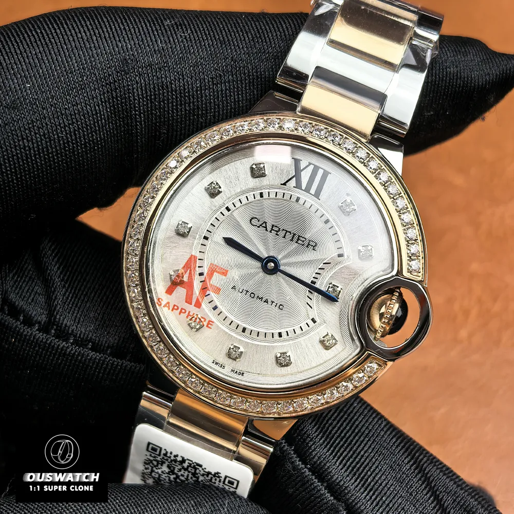 Cartier Ballon Bleu 33mm rose gold women's watch — 75-degree angled view showing dial and bracelet curvature.