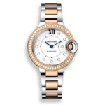 Cartier Ballon Bleu 33mm rose gold women's watch dupe on white background — full front product view.