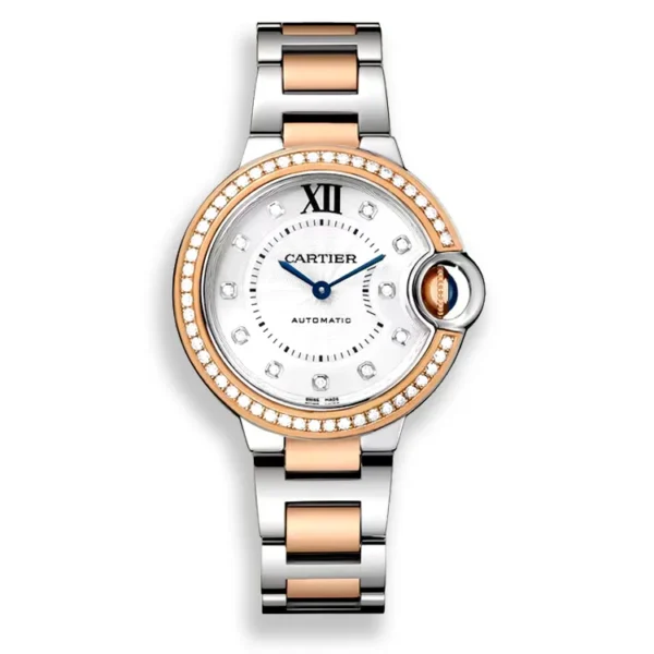 Cartier Ballon Bleu 33mm rose gold women's watch dupe on white background — full front product view.