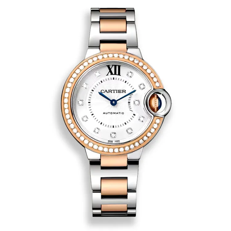 Cartier-Ballon-Bleu-33mm-Rose-Gold-Womens-Watch-Dupe-White-Background Cartier Ballon Bleu 33mm rose gold women's watch dupe on white background — full front product view.