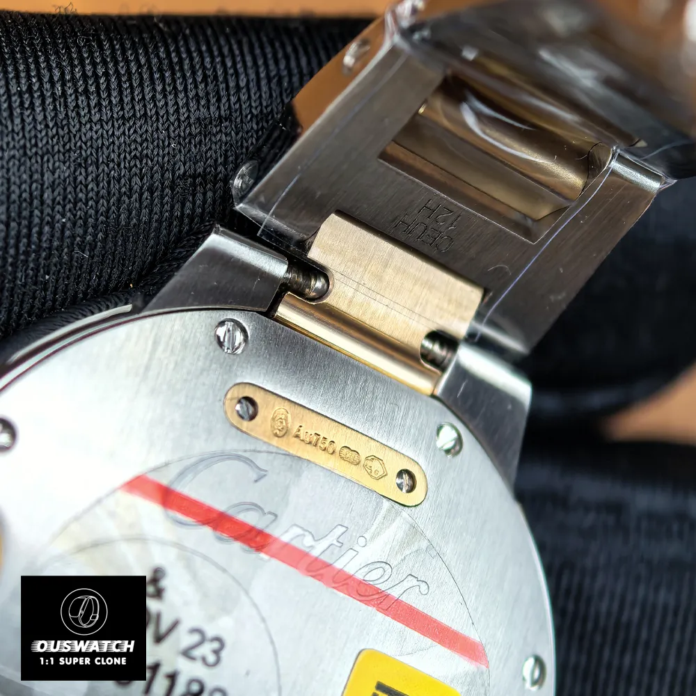 Close-up of the rose gold logo engraving on the back of Cartier Ballon Bleu 33mm women's watch.