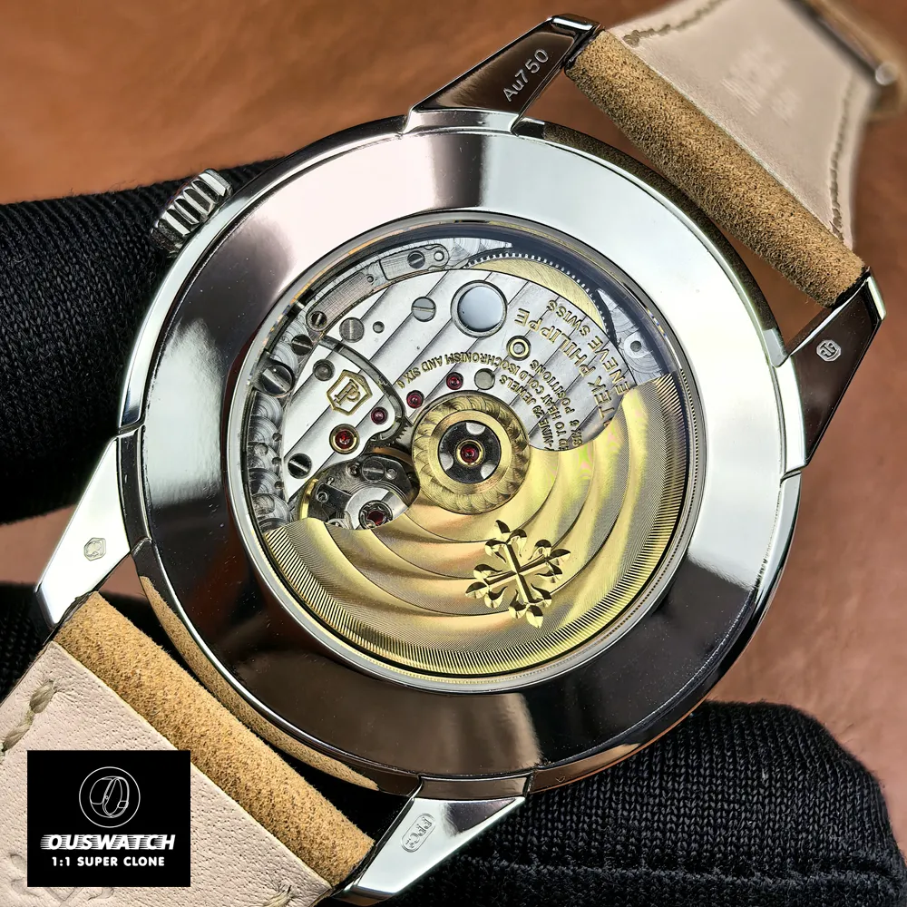 Back view of the Patek Philippe Calatrava 5226G-001 displaying the exhibition caseback.