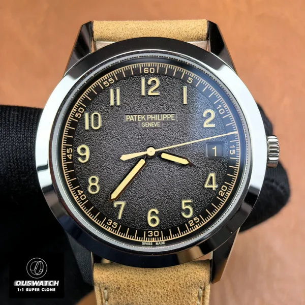 Front view of the Patek Philippe Calatrava 5226G-001 showing the textured black dial and applied hour markers.