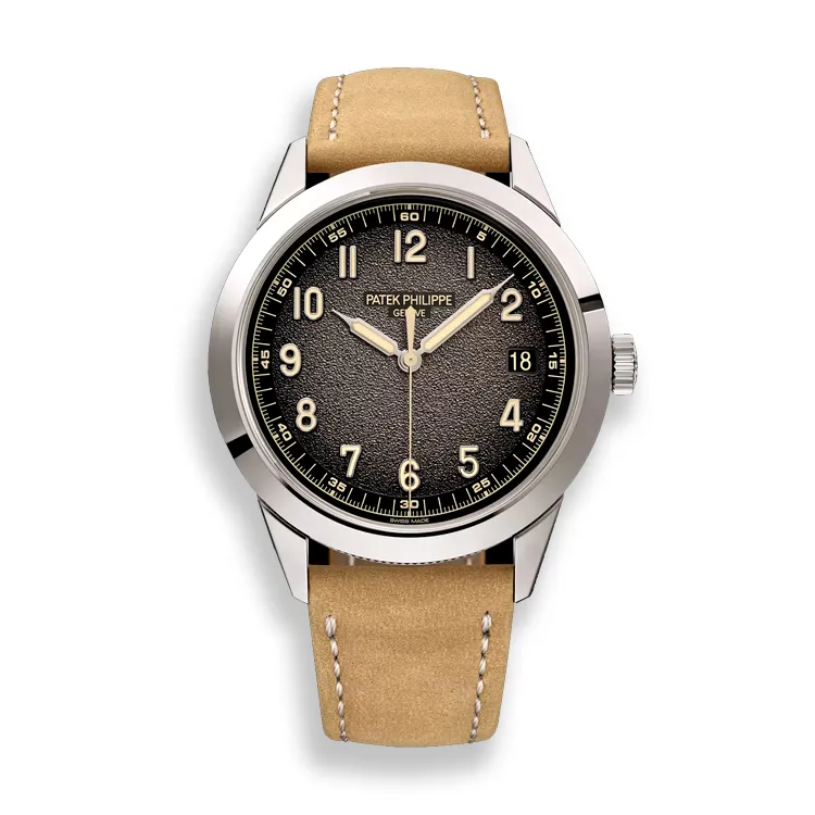 Patek-Philippe-Calatrava-5226G-001-White-Gold-White-Background Patek Philippe Calatrava 5226G-001 white gold watch on white background — full product display.