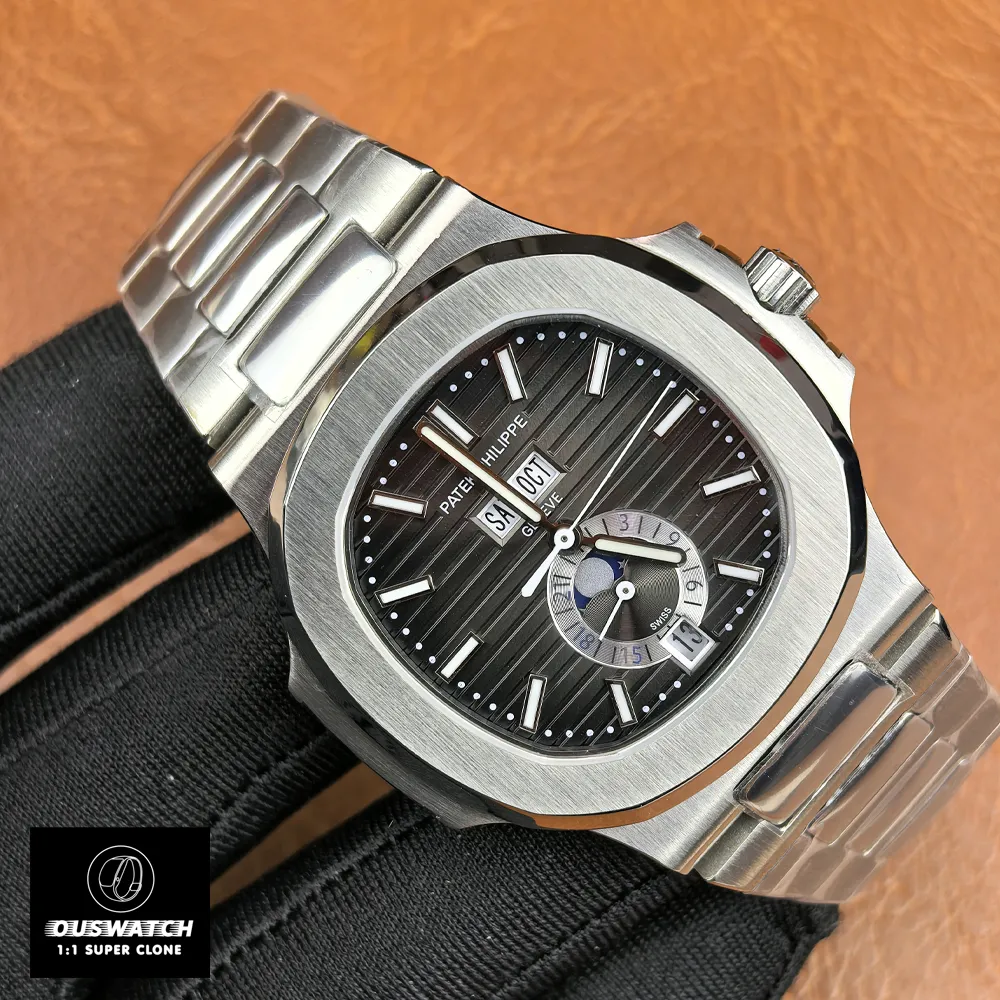 120-degree angled display of the Nautilus Moon Phase 5726A-001 — shows dial depth and case curvature.