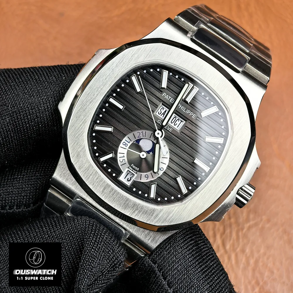 75-degree angled view of the dial and case of the Nautilus Moon Phase 5726A-001 — moonphase and dial texture visible.