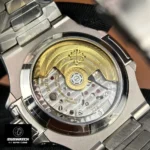 Close-up of the caseback on Patek Philippe Nautilus Moon Phase 5726A-001 showing exhibition details.