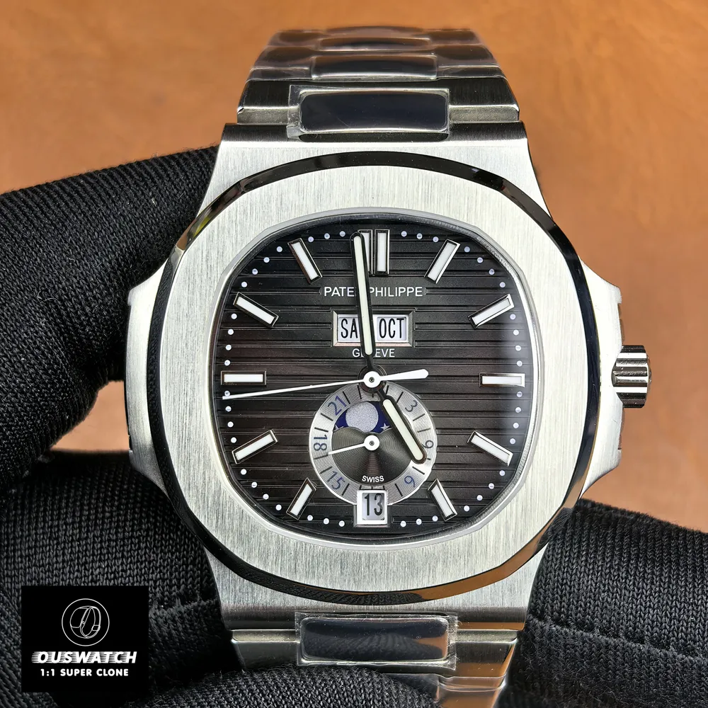 Front view of the Patek Philippe Nautilus Moon Phase 5726A-001 — full dial and bracelet presentation.