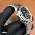 Side profile of the Nautilus Moon Phase 5726A-001 highlighting case thickness and bezel profile.