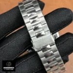 Close-up of the stainless steel bracelet links on the Patek Philippe Nautilus Moon Phase 5726A-001.