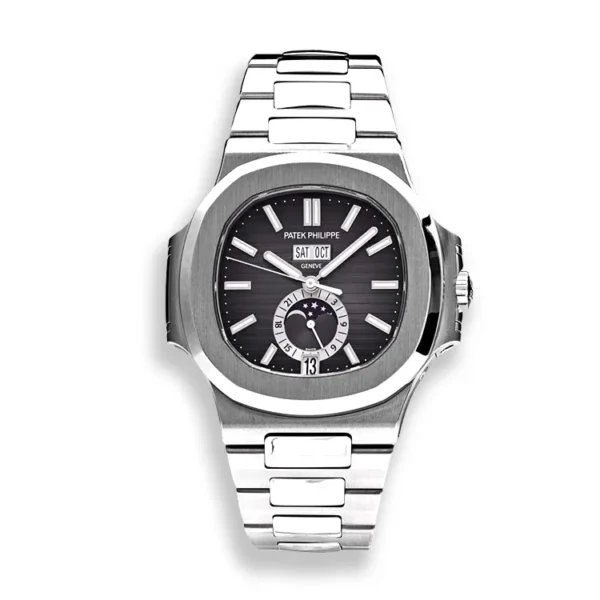 Patek Philippe Nautilus Moon Phase 5726A-001 stainless steel on white background — full front product shot