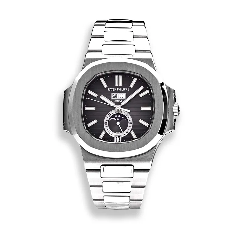 Patek Philippe Nautilus Moon Phase 5726A-001 stainless steel on white background — full front product shot