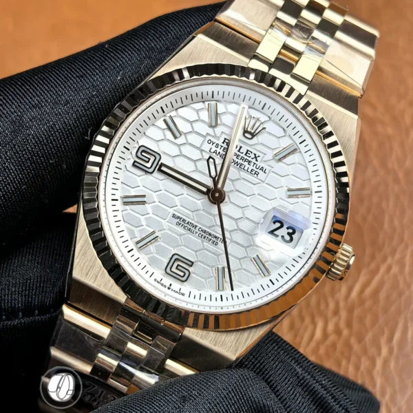 75-degree angled view of Rolex Land-Dweller 127335-0001 showcasing the dial, case depth and profile.