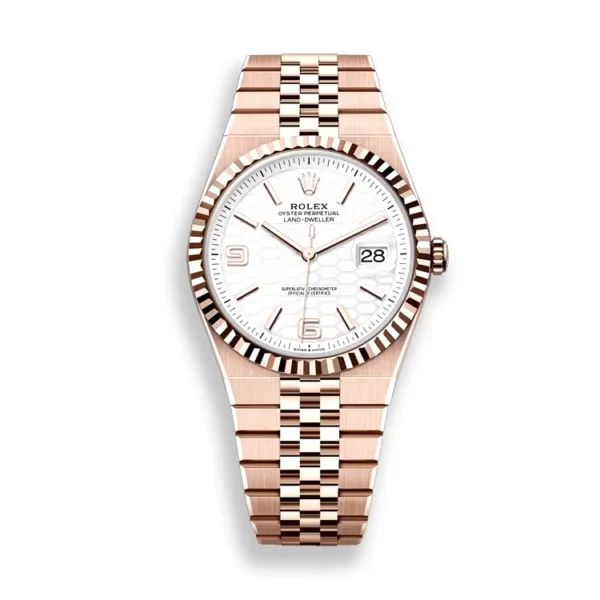 Rolex Land-Dweller 127335 40mm rose gold replica with white dial on white background — full frontal product shot.