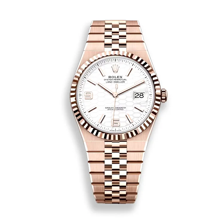 Rolex-Land-Dweller-127335-Rose-Gold-40mm-White-Dial-Replica-White-Background Rolex Land-Dweller 127335 40mm rose gold replica with white dial on white background — full frontal product shot.