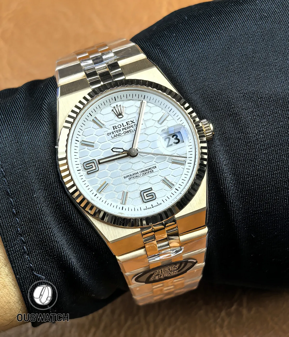 Rolex Land-Dweller 127335-0001 rose gold replica worn on wrist — real-world wear and fit view.