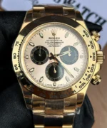 Straight-on front view of the Rolex Daytona 116505 rose gold female super clone.