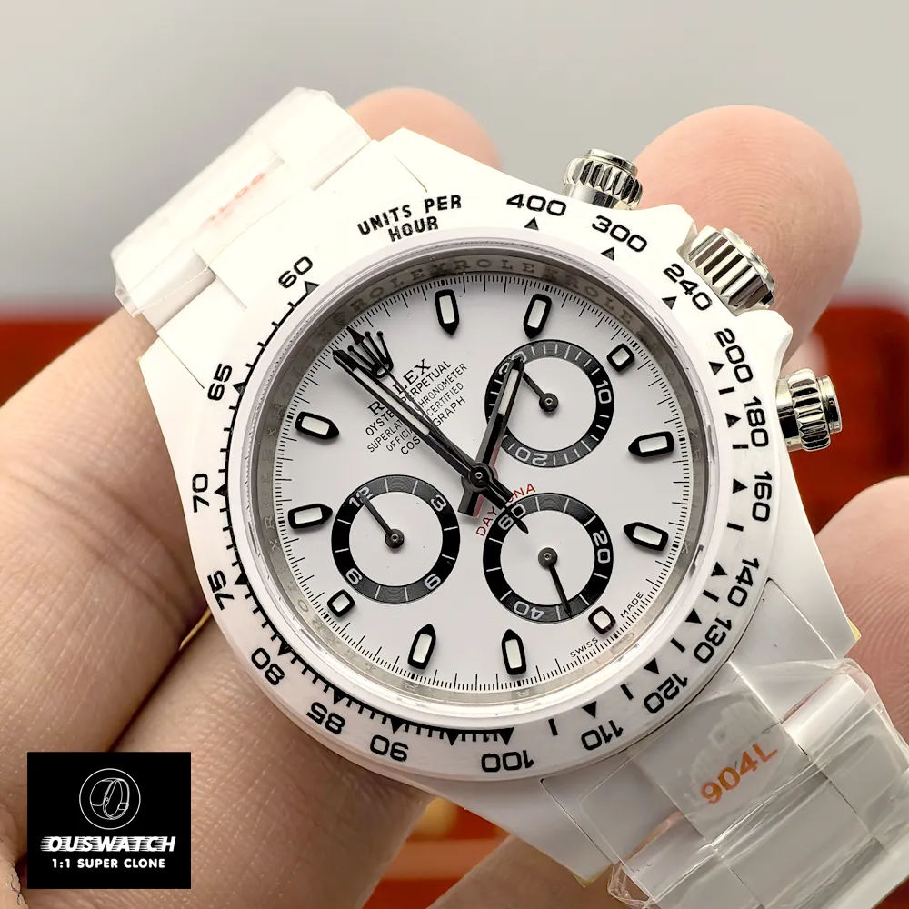 Rolex Custom Daytona Panda white ceramic case shown at a 120° angle, displaying the case profile and lugs