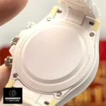 Rear view of the Rolex Custom Daytona Panda white ceramic case showing the case back and bracelet attachment.