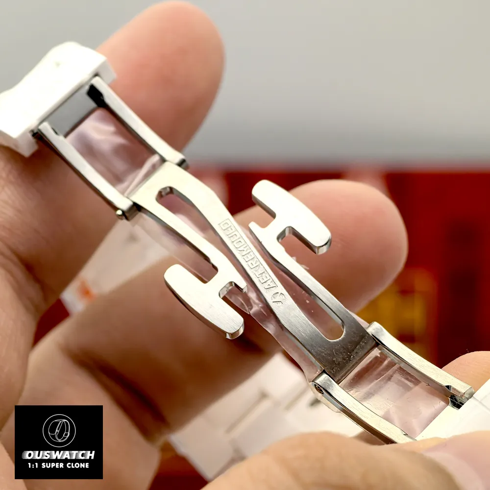 View of the folding clasp on the Rolex Custom Daytona Panda, showing the clasp mechanism and finish.