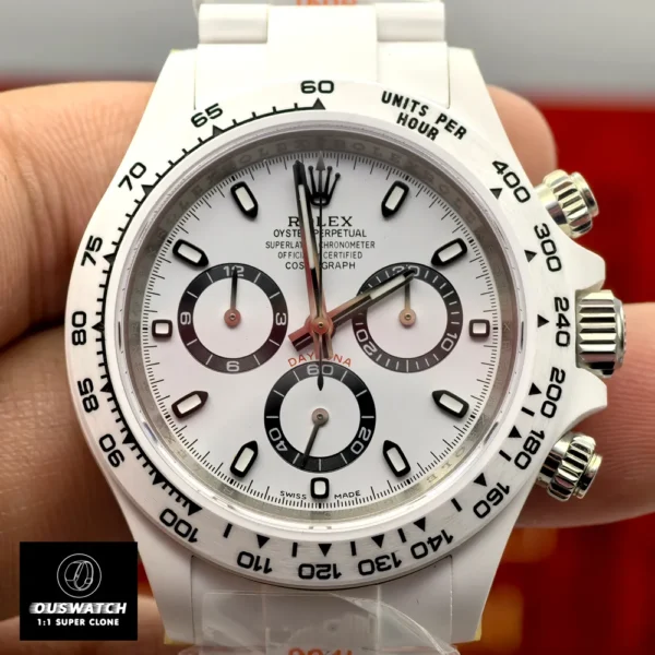 Front view of the Rolex Custom Daytona Panda with white ceramic case and black-and-white 'panda' dial.