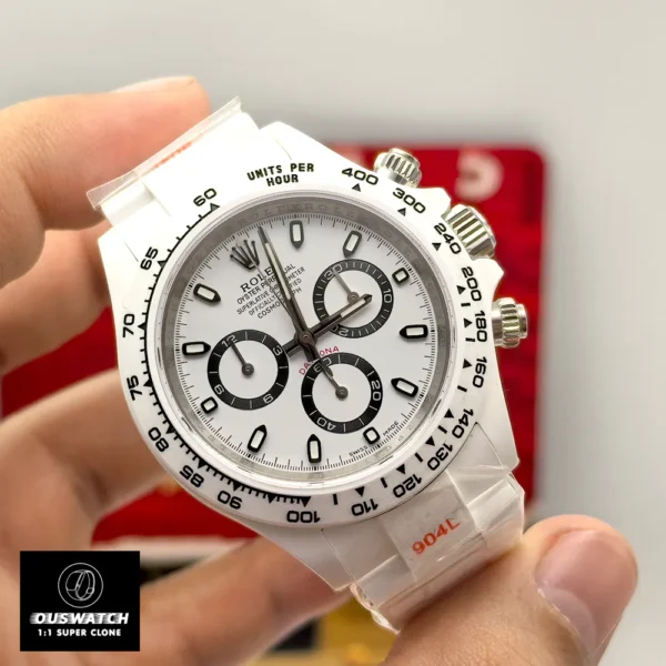 Full product shot of the Rolex Custom Daytona Panda white ceramic case displaying the complete watch.