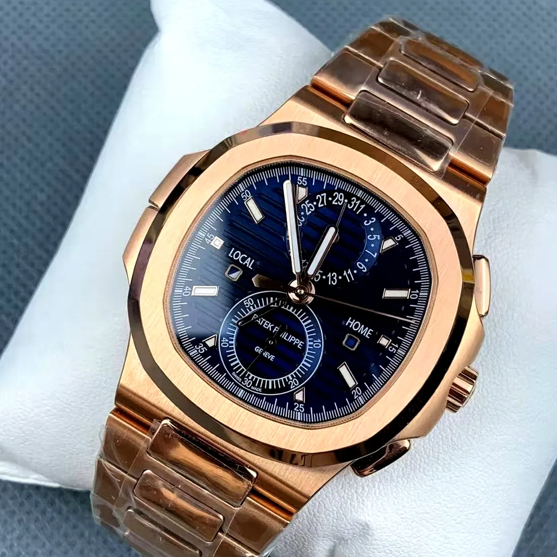 75-degree angled view of the Patek Philippe 5990/1R showcasing the case curvature and dial depth.