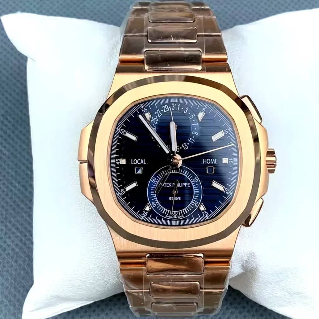 Front-facing view emphasizing the blue dial and rose gold hands of the 5990/1R Nautilus.