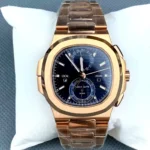 Front-facing view emphasizing the blue dial and rose gold hands of the 5990/1R Nautilus.