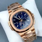 Full-view panorama of the Patek Philippe 5990/1R Nautilus travel-time watch showing the complete profile.