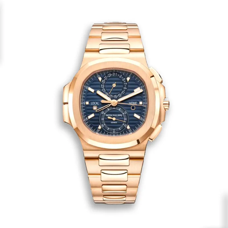 Patek Philippe Nautilus 5990/1R rose gold travel-time super clone watch on a white background, front-facing.