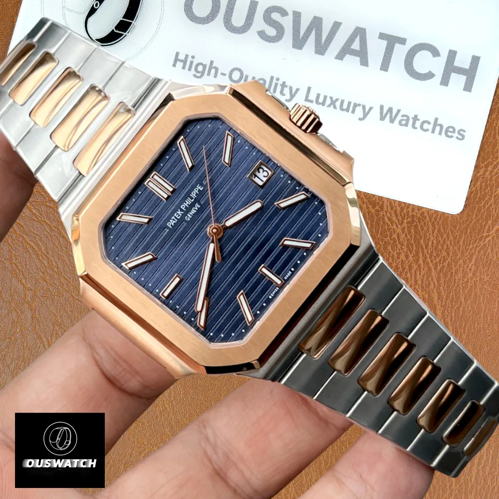 Patek Philippe Cubitus 5821/1AR two-tone watch at a 120-degree angle showcasing the blue dial and reflective crystal.