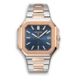 Patek Philippe Cubitus 5821/1AR two-tone rose gold and steel watch on a white background — full front view showing the blue dial and two-tone bracelet.