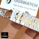 Extreme close-up of the Patek Philippe Cubitus 5821/1AR bracelet links — focus on joint tolerances and polished accents.