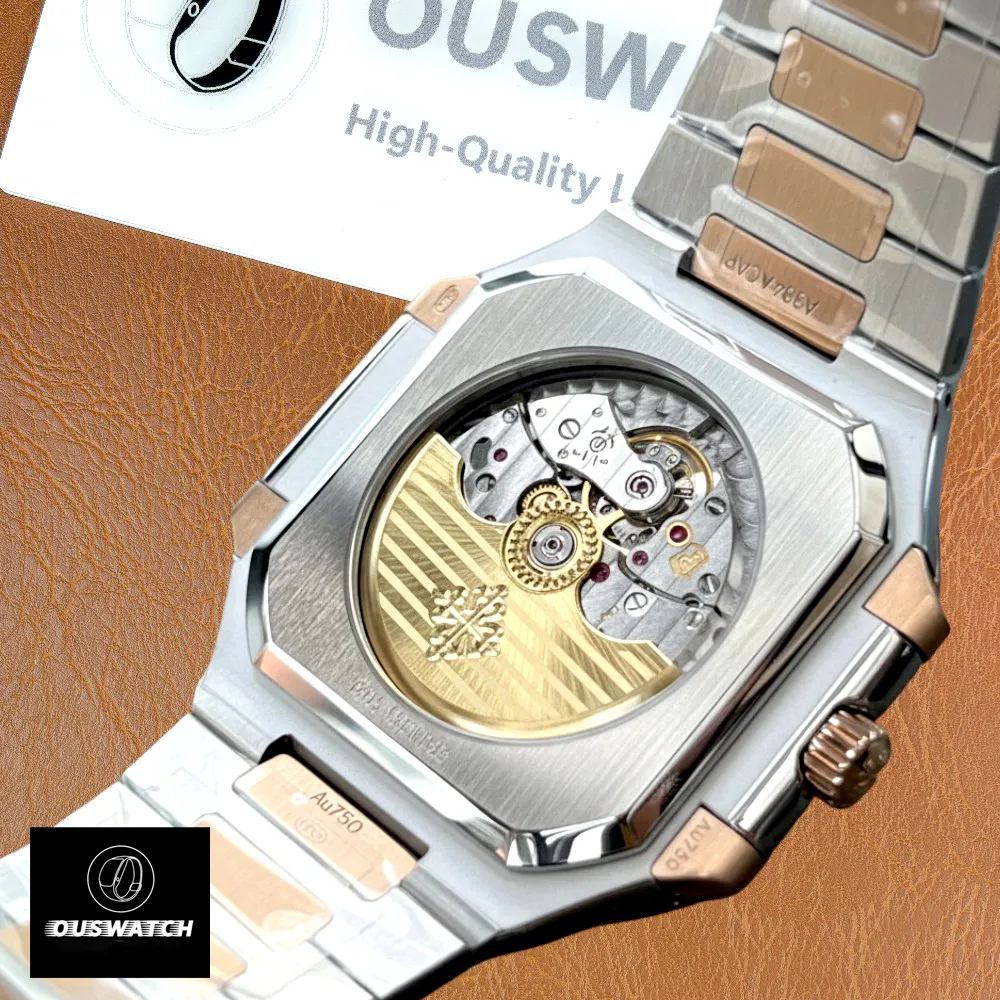 Macro shot of the movement in the Patek Philippe Cubitus 5821/1AR — visible bridges, rotor details, and finishing.