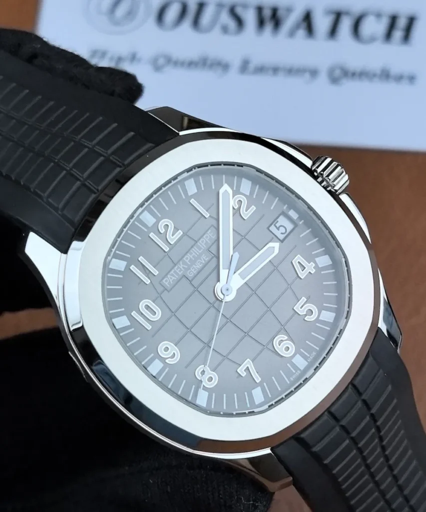 120° three-quarter angled view of the Aquanaut 5167A-001 PPF super clone dial and case, showing depth and curvature.