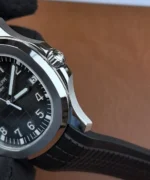 Tight close-up of the crown and lugs on the Aquanaut 5167A-001 PPF super clone, highlighting lug profile and case finishing.