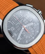 Macro shot of the black dial on the Aquanaut 5968A, showing applied markers and surface texture.