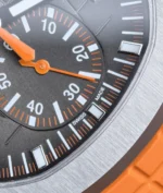 Close-up of the Aquanaut 5968A chronograph subdial, showing dial texture and hand detail.