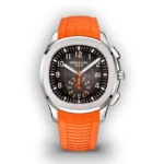 Patek Philippe Aquanaut 5968A with orange accents and black dial, front view on a white background.