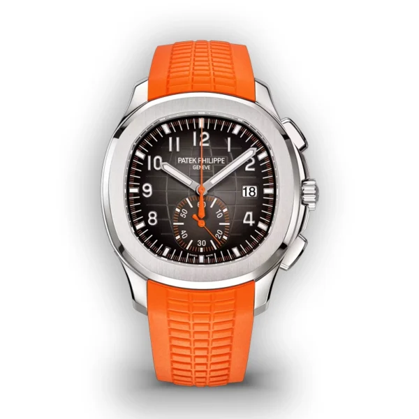 Patek Philippe Aquanaut 5968A with orange accents and black dial, front view on a white background.