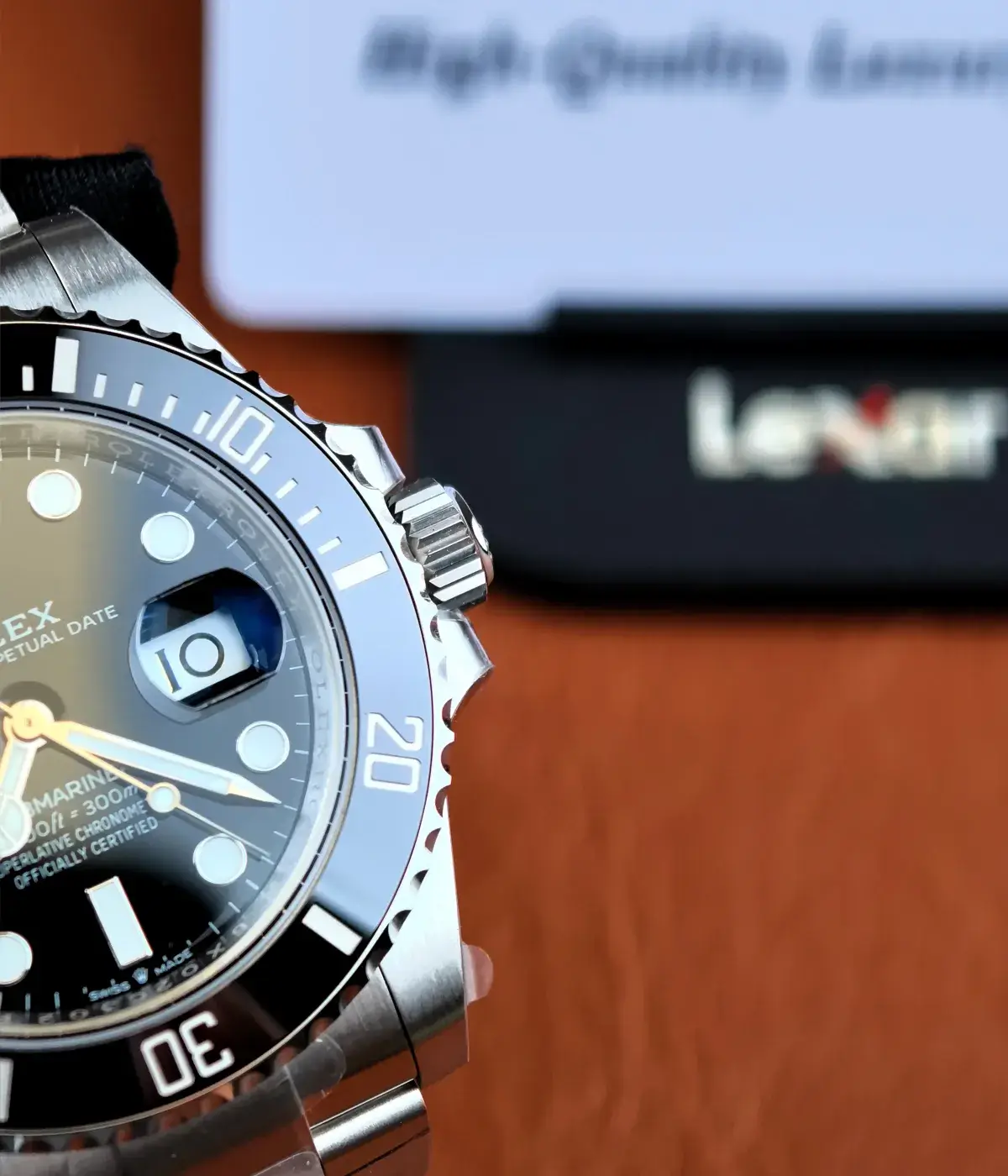 Detailed view of the date window on the Rolex Submariner 126610LN black dial watch