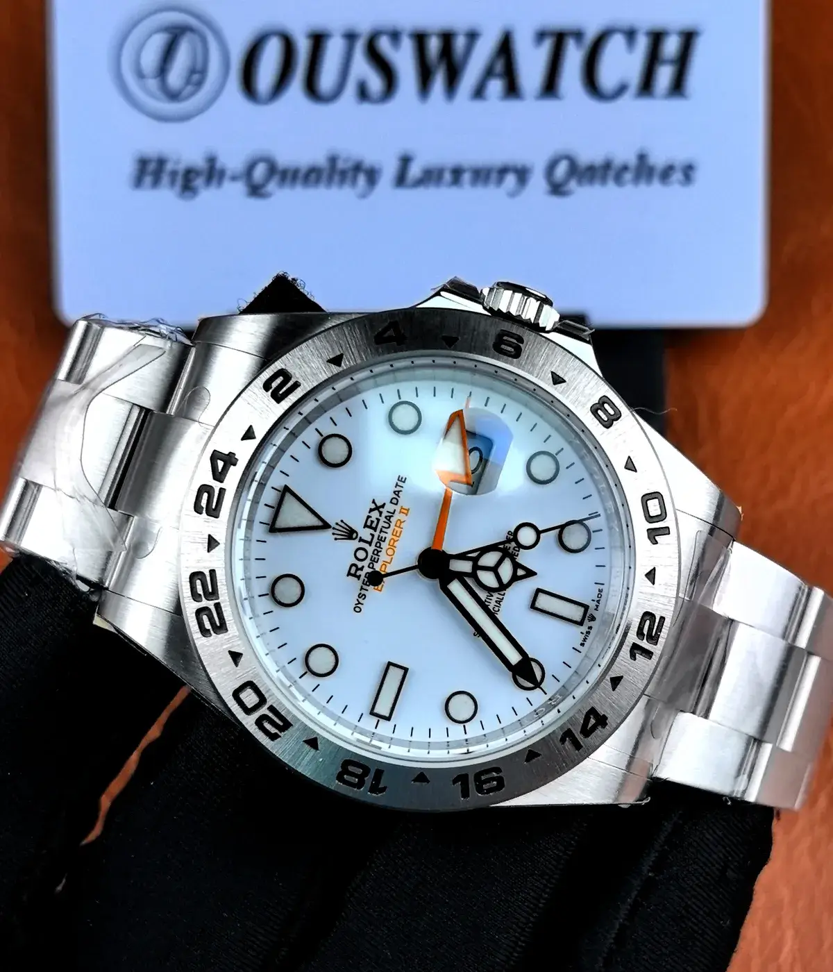 Rolex Explorer 2 226570 white dial 42mm watch dial and bezel shown at a 140-degree angle