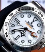 Close-up of the dial on the Rolex Explorer 2 226570 white dial 42mm watch