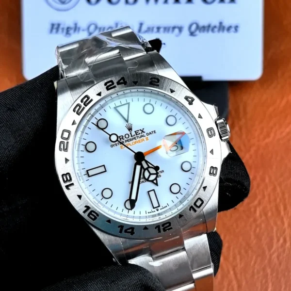 Rolex Explorer 2 226570 white dial watch displayed at a 110-degree angle