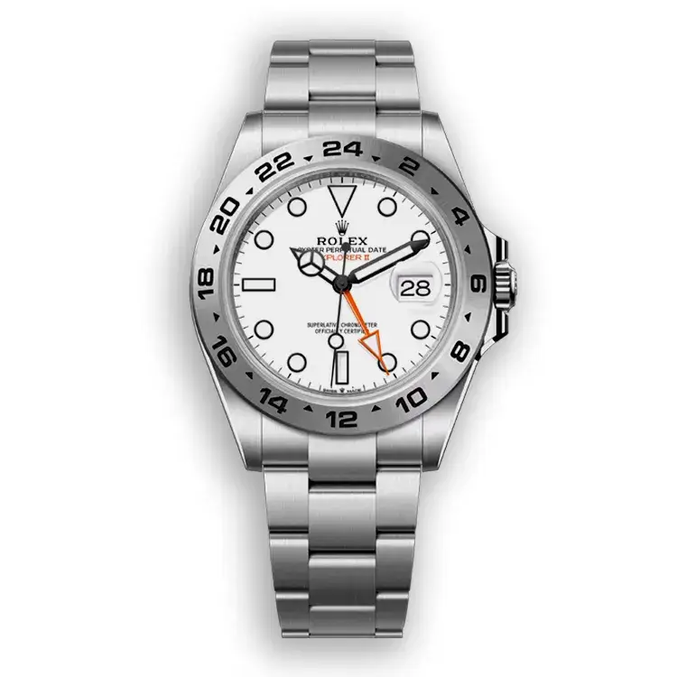 rolex-explorer-2-226570-white-super-clone-front-view Rolex Explorer 2 226570 white dial watch front view on a clean white background